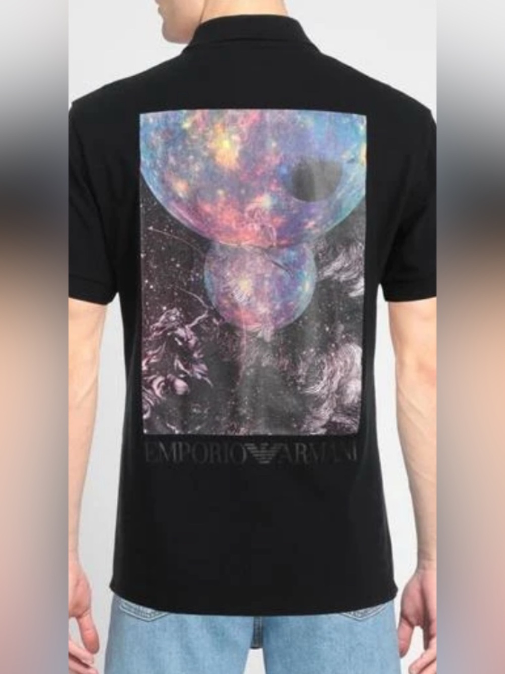 Emporio Armani Black Polo with Multicolor Cosmic Back Graphic